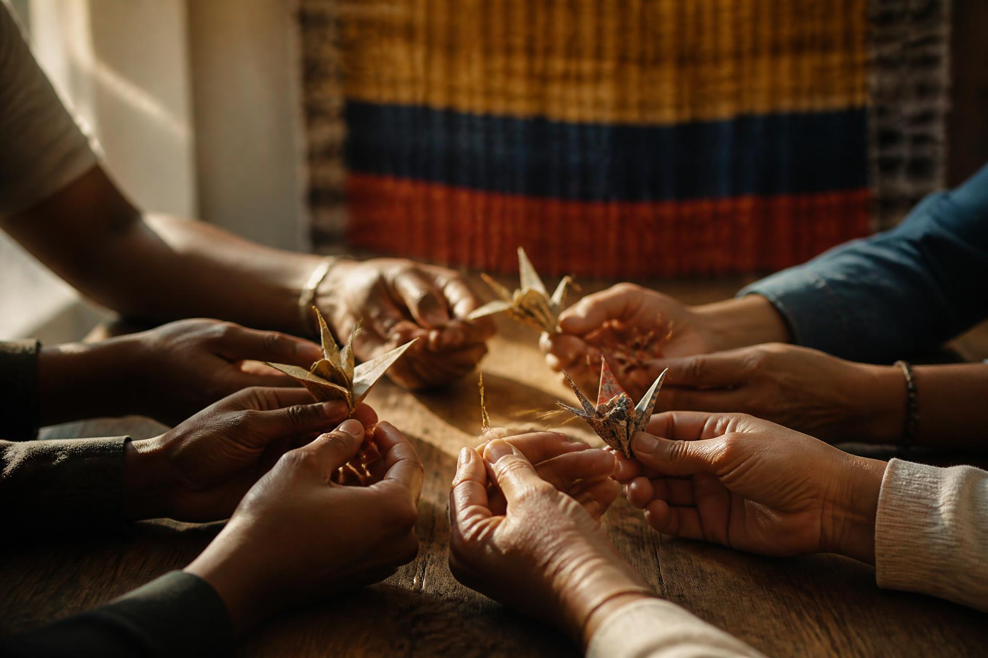 Manos multiculturales sostienen la silueta de Venezuela — símbolo de solidaridad